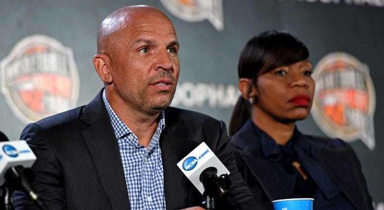 Jason Kidd speaks during the NBA Hall of Fame news conference on March 31, 2018, at the Alamodome in San Antonio.