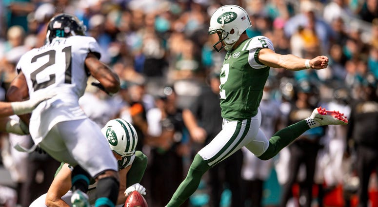 Jets punter Jason Myers kicks a field goal against the Jacksonville Jaguars on Sept. 30, 2018, at TIAA Bank Field. 