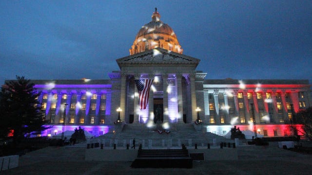 The Missouri Capitol Building is bathed in red,white and blue lights as the inaguration party for new Governor Eric Greitens is about to begin in Jefferson City, Missouri on January 9, 2017.