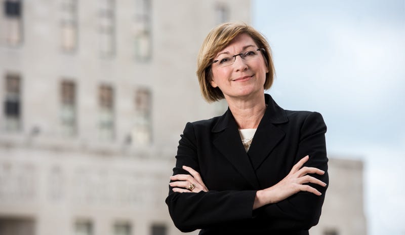 Jackson County Prosecutor Jean Peters Baker official portrait, standing in front of courthouse