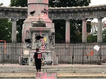 The monument of Jefferson Davis, the day after Davis was pulled from its pedestal by protestors. (Matt Demlein, WRVA)