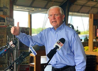 Former U.S. Attorney General Jeff Sessions speaks to reporters during a campaign stop at Sweet Creek restaurant and farmers market, south of Montgomery, Ala., Monday, July 6, 2020. (AP Photo/Kim Chandler)