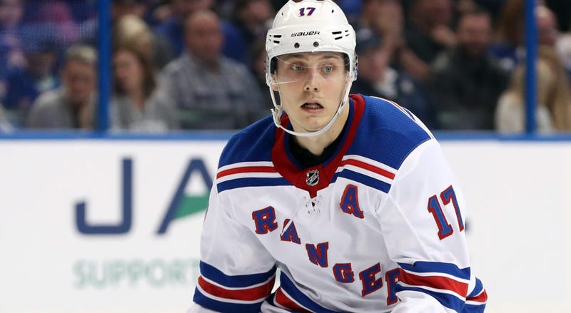 Mar 8, 2018; Tampa, FL, USA; New York Rangers right wing Jesper Fast (17) during the second period at Amalie Arena. Mandatory Credit: Kim Klement-USA TODAY Sports