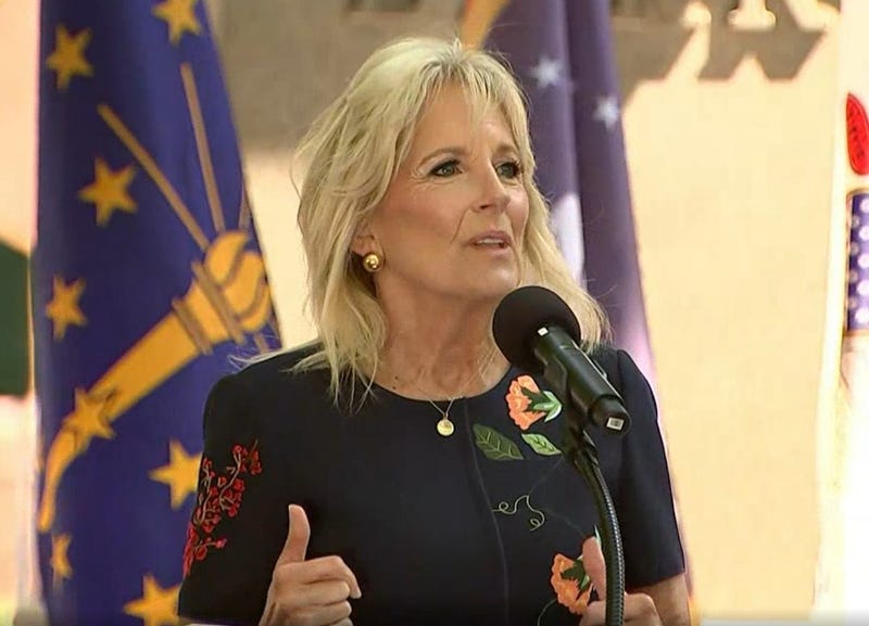 First Lady Dr. Jill Biden addresses the crowd at Independence Hall at the Welcome America Celebration of Freedom Ceremony.