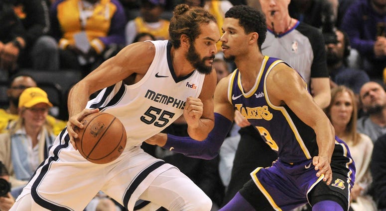 Grizzlies center Joakim Noah dribbles the ball as Lakers guard Josh Hart defends on Dec. 8, 2018, at the FedExForum in Memphis. 