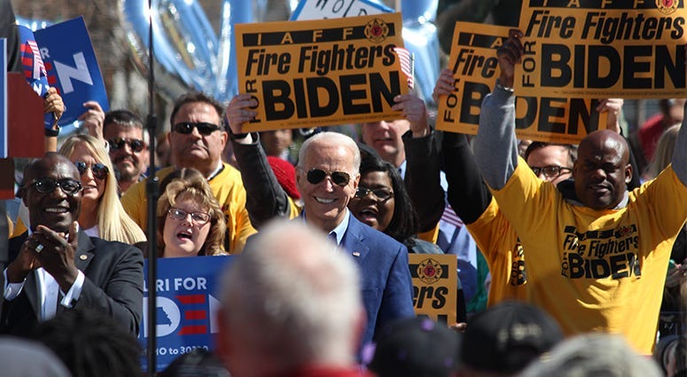 Joe Biden speaks to a crowd in St. Louis Missouri