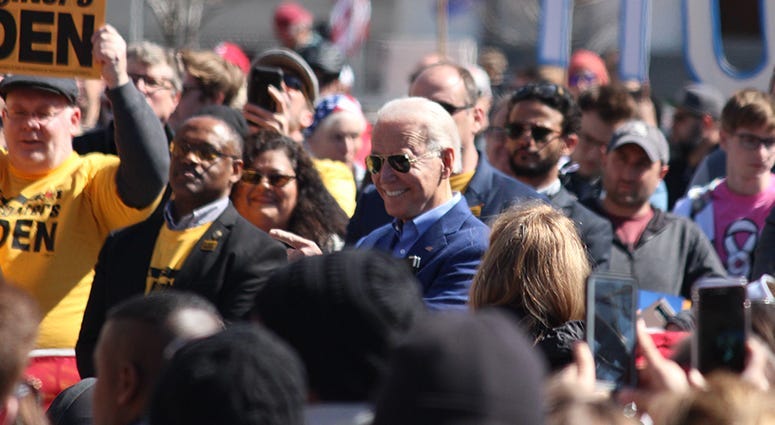 Joe Biden speaks to a crowd in St. Louis Missouri