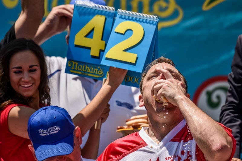 Joey "Jaws" Chestnut competes in Nathan's Famous 101th Anniversary of the 4th of July hot dog-eating contest at Coney Island.