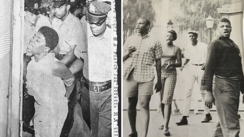 Left: A newspaper clipping of Karen Asper Jordan being arrested at a protest in the late 1960s. Right: Demonstrators at Girard College.