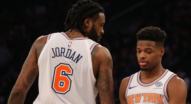 Feb 3, 2019; New York, NY, USA; New York Knicks center DeAndre Jordan (6) talks to guard Dennis Smith Jr. (5) during the second quarter against the Memphis Grizzlies at Madison Square Garden. Mandatory Credit: Brad Penner-USA TODAY Sports