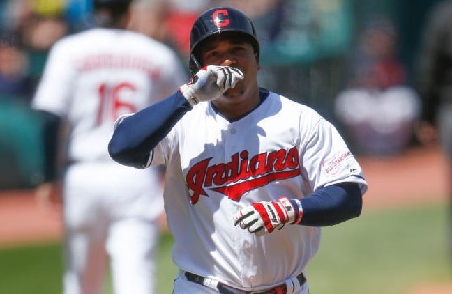 CLEVELAND, OH - APRIL 24: Jose Ramirez #11 of the Cleveland Indians rounds the bases after hitting a solo home run off Sandy Alcantara #22 of the Miami Marlins during the first inning at Progressive Field on April 24, 2019 in Cleveland, Ohio.