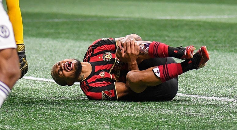Atlanta United forward Josef Martinez (7) reacts after being injured against the Philadelphia Union