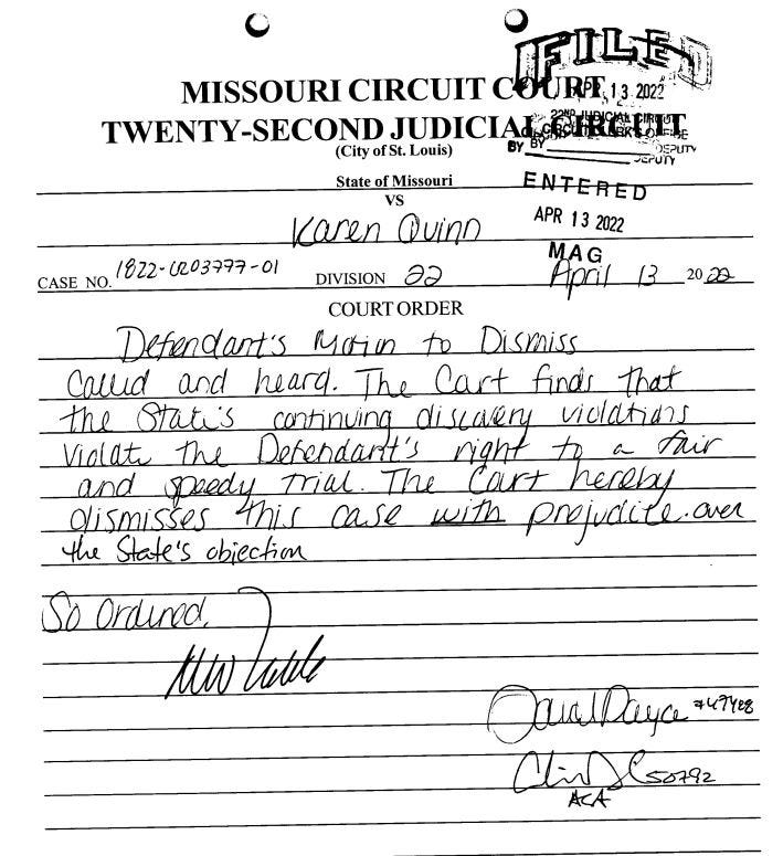 Handwritten note by judge saying "The court finds that the state's continuing discovery violations violate the Defendant's right to a fair and speedy trial."