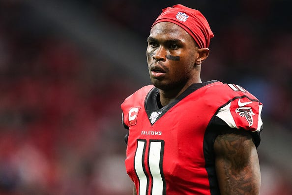 Julio Jones looks on after a play for the Falcons