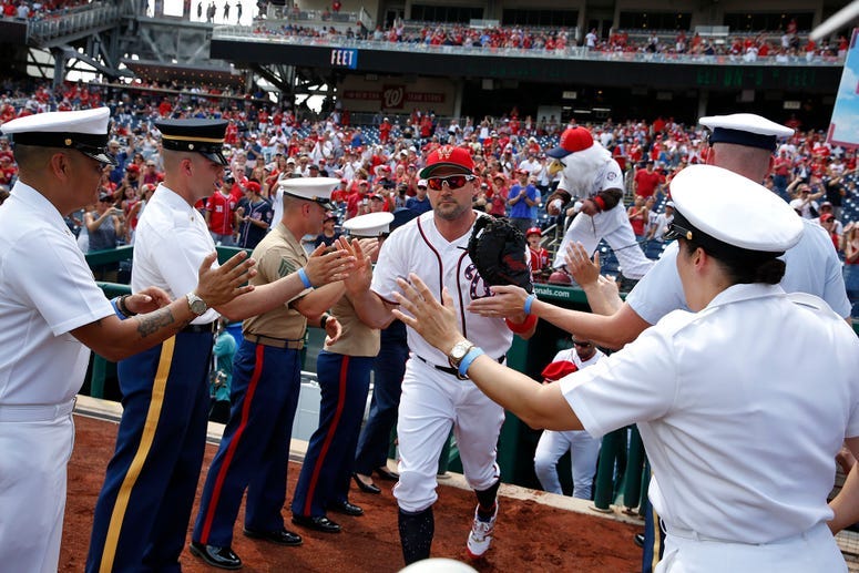Nationals first baseman Ryan Zimmerman takes field through “lineup tunnel” of honored military members