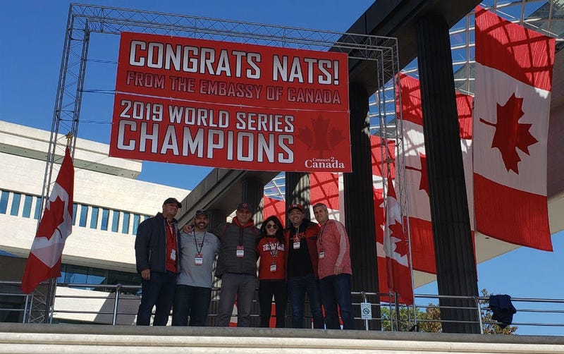 The Sports Junkies of WJFK-FM take part in the Washington Nationals victory parade in Washington, D.C. on Saturday, November 1.