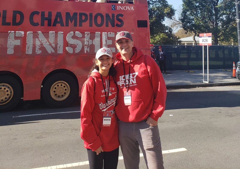 The Sports Junkies of WJFK-FM take part in the Washington Nationals victory parade in Washington, D.C. on Saturday, November 1.