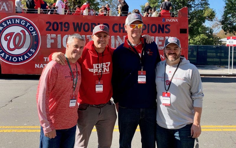 The Sports Junkies of WJFK-FM take part in the Washington Nationals victory parade in Washington, D.C. on Saturday, November 1.
