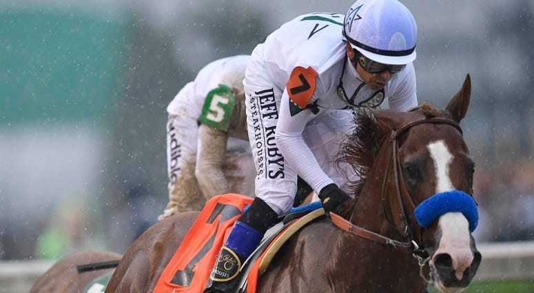 Mike Smith aboard Justify (7) after winning the Kentucky Derby on May 5, 2018, at Churchill Downs in Louisville, Kentucky.