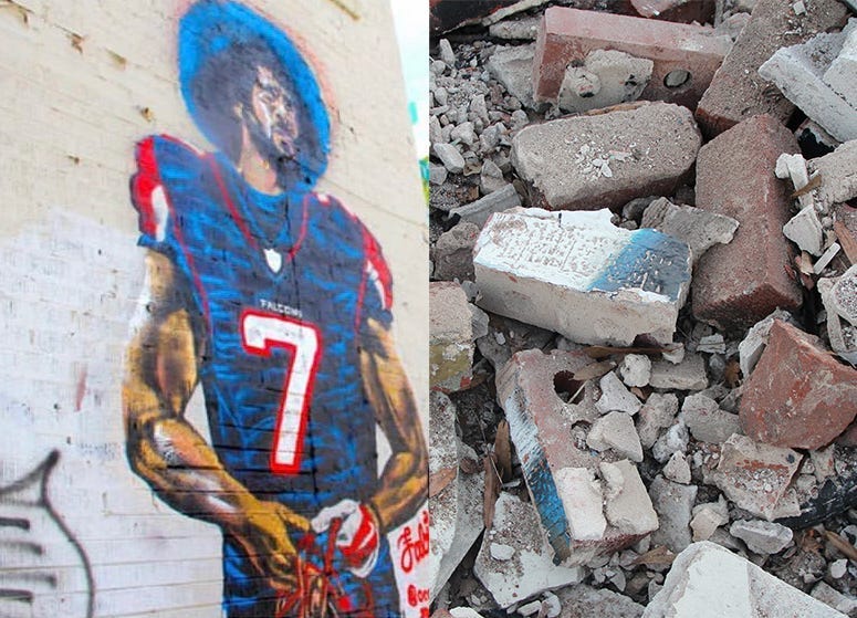 The Colin Kaepernick "Kaeplanta" mural in Atlanta, before and after demolition on the Friday before Super Bowl 53