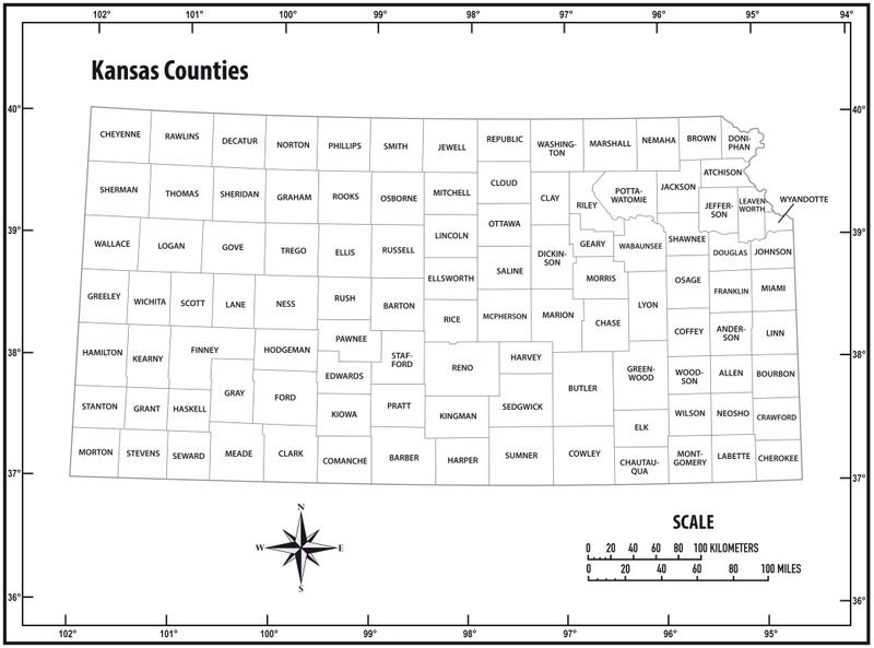 Kansas state outline administrative and political vector map in black and white