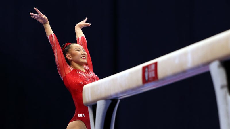 Kara Eaker smiles after landing her dismount off the balance beam during the Women's competition of the 2021 U.S. Gymnastics Olympic Trials at America’s Center on June 25, 2021 in St Louis, Missouri. 