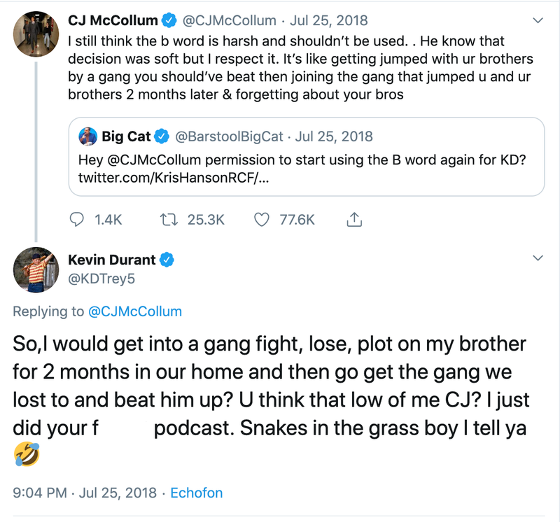 Kevin Durant responds to CJ McCollum's criticism on Twitter. 