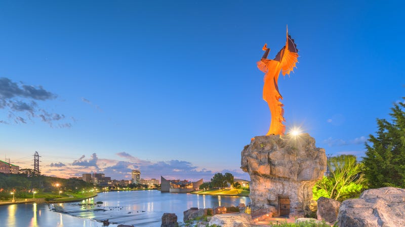 The Keeper of the Plains near downtown Wichita at dawn