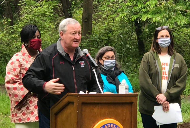 Mayor Jim Kenney addresses volunteers at the 11th annual Love Your Park Week kickoff event in Tacony Creek Park.