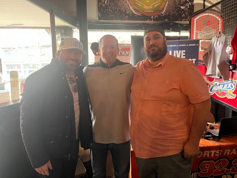 Cleveland State women's basketball head coach Chris Kielsmeier (center) with Afternoon Drive hosts Dustin Fox (left) and Nick Wilson (right). 