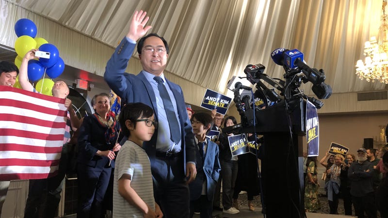 Andy Kim celebrates his U.S. Senate victory on Tuesday, Nov. 5, 2024.