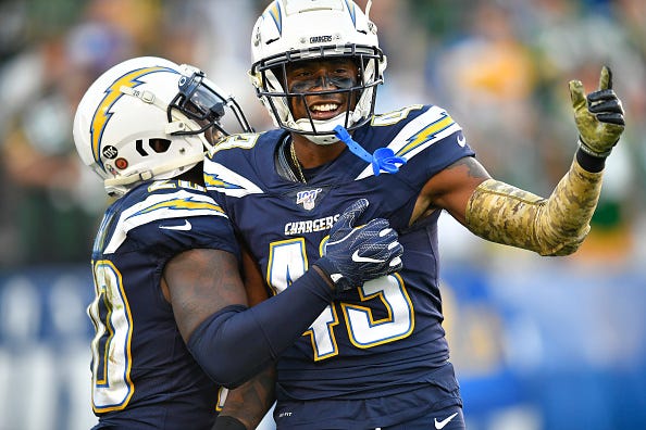 Desmond King celebrates breaking up a pass with the Chargers. 