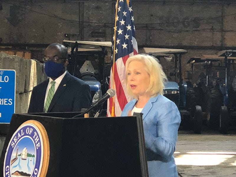 US Senator Kirsten Gillibrand pushes for federal funding for local governments with Buffalo Mayor Byron Brown. July 3, 2020 (WBEN Photo/Mike Baggerman)