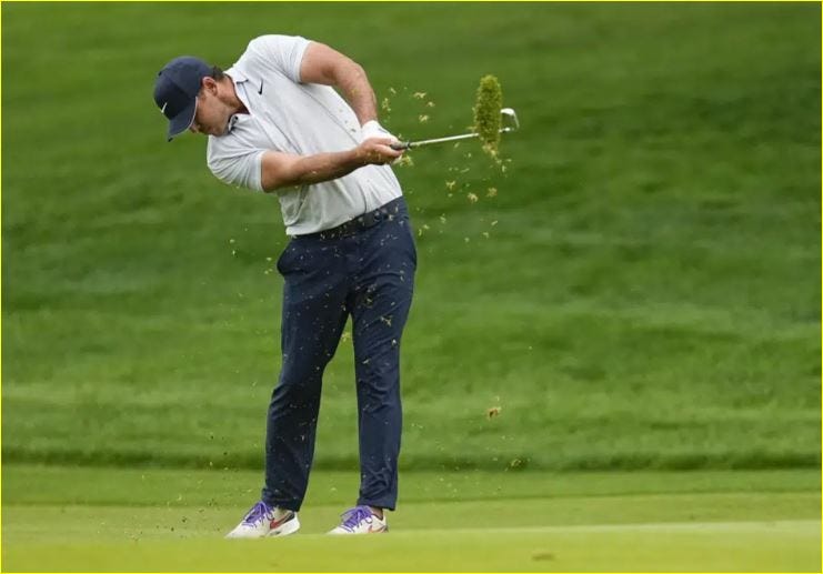 Brooks Koepka hits from the fairway on the seventh hole during the third round of the PGA Championship golf tournament at Oak Hill Country Club on Saturday, May 20, 2023, in Pittsford, N.Y.
