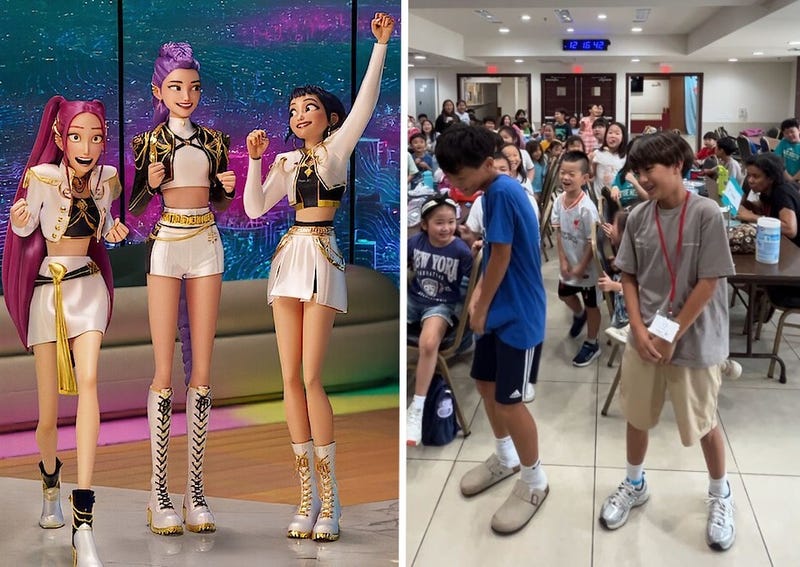 Kids at Antioch Church of Philadelphia's summer camp (right) perform the "Soda Pop" dance from the Netflix movie "KPop Demon Hunters."