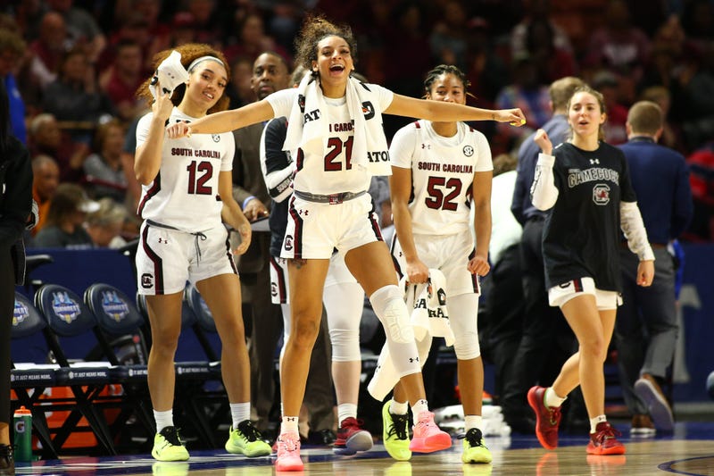 Mar 6, 2020; Greenville, SC, USA; South Carolina Gamecocks forward Mikiah Herbert Harrigan (21) celebrates during the fourth quarter against the Georgia Lady Bulldogs at Bon Secours Wellness Arena. Mandatory Credit: Jeremy Brevard-USA TODAY Sports
