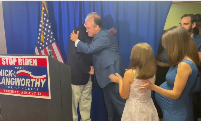 Nick Langworthy accepts congratulations from Tom Reynolds as he defeats Carl Paladino in the NY23 primary.