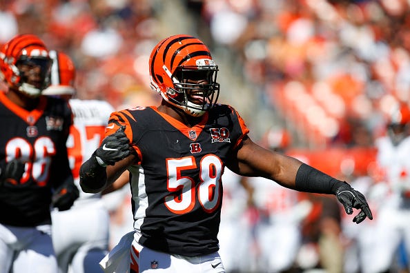 Carl Lawson celebrates a sack for the Bengals. 