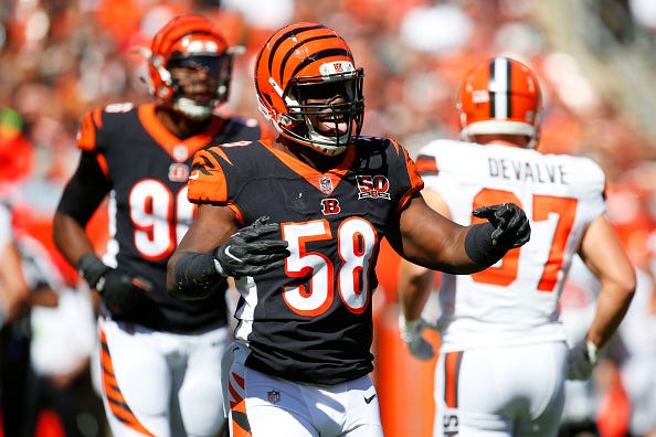 Carl Lawson celebrates a play for the Bengals.