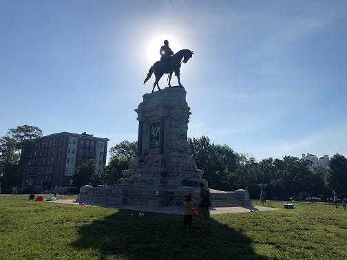 The Lee Monument on the morning (June 3, 2020) that Governor Ralph Northam ordered it removed.  (Matt Demlein, WRVA)