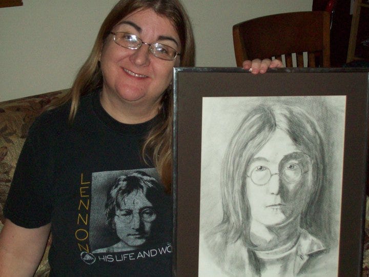 Kitty Dunn and a drawing of John Lennon