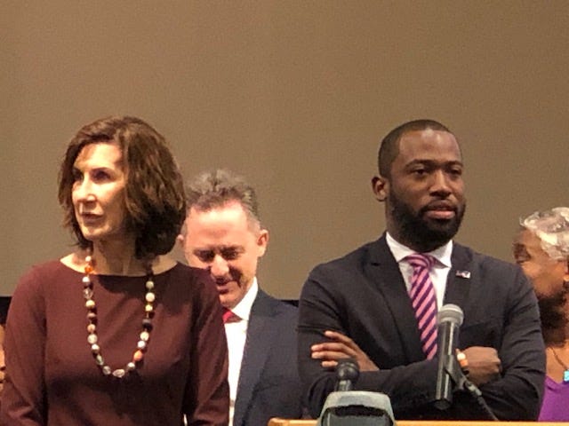 Leslie Haley of the Chesterfield County Board of Supervisors and Richmond Mayor Levar Stoney prepare to discuss coronavirus on Friday, March 13, 2020. (Matt Demlein/News Radio WRVA)