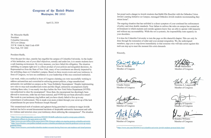 All New York House GOP lawmakers demanded Columbia's president resign in a letter to her on Monday