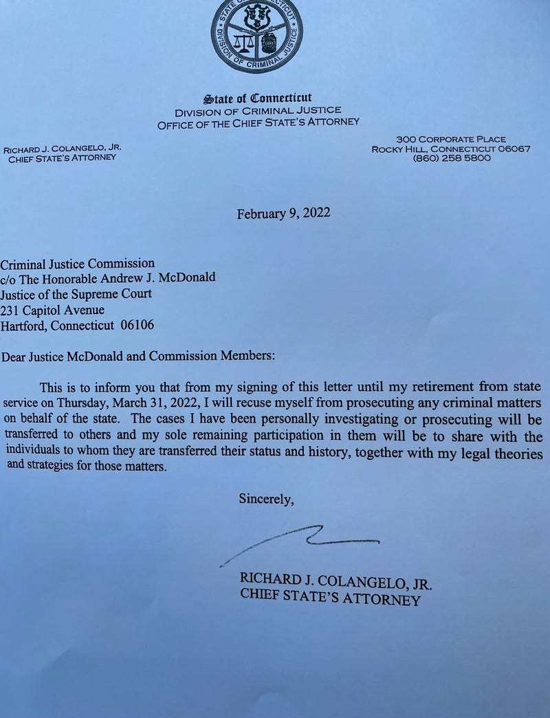 Resignation letter from Chief State's Attorney Richard Colangelo