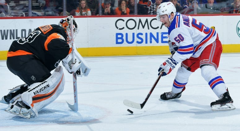 Rangers center Lias Andersson (right) celebrates with teammate Jimmy Vesey after scoring his first career goal on March 26, 2018, against the Washington Capitals at Madison Square Garden.