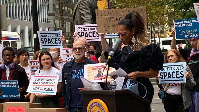 Drag Queen Shometha Monét speaks at the rally at City Hall on Thursday morning.