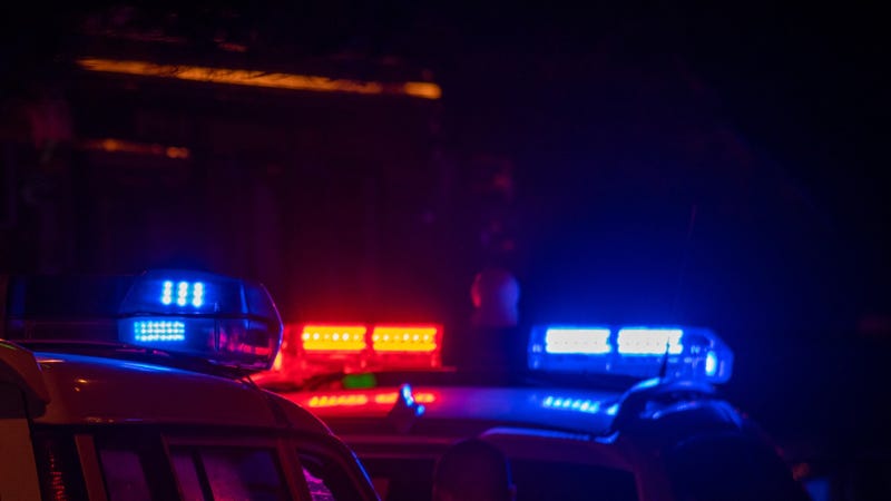 Police car lights at night in city with selective focus - stock photo