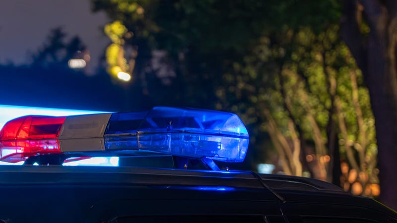 Close-up of police car light bar flashing at night - stock photo