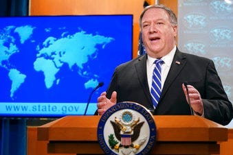 Secretary of State Mike Pompeo speaks about the coronavirus during news conference at the State Department in Washington on Wednesday, May 6, 2020. (Kevin Lamarque/Pool Photo via AP)