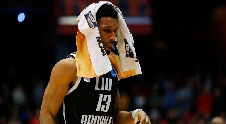 LIU Brooklyn's Jamall Robinson reacts after losing to Radford on March 13, 2018, in the NCAA tournament in Dayton, Ohio.